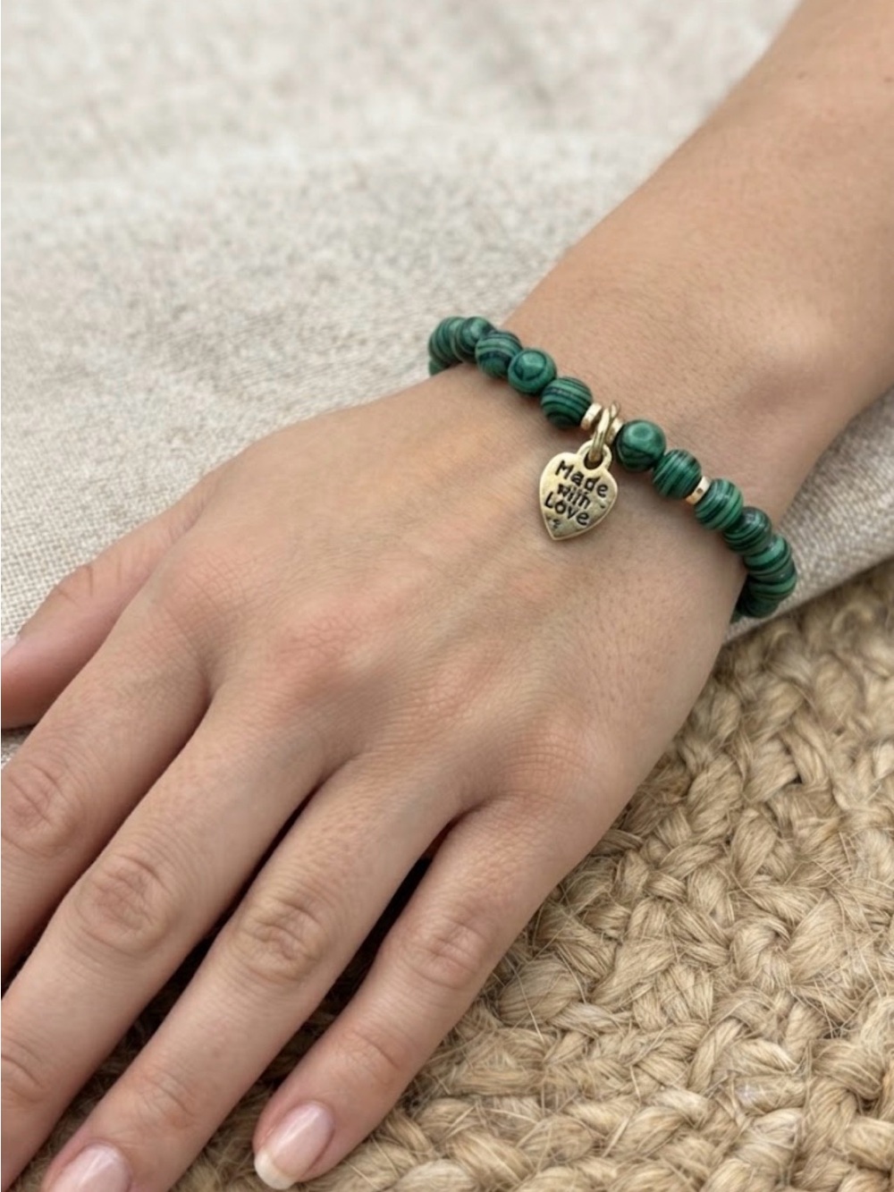 Green malachite Beaded Bracelet with Heart Charm